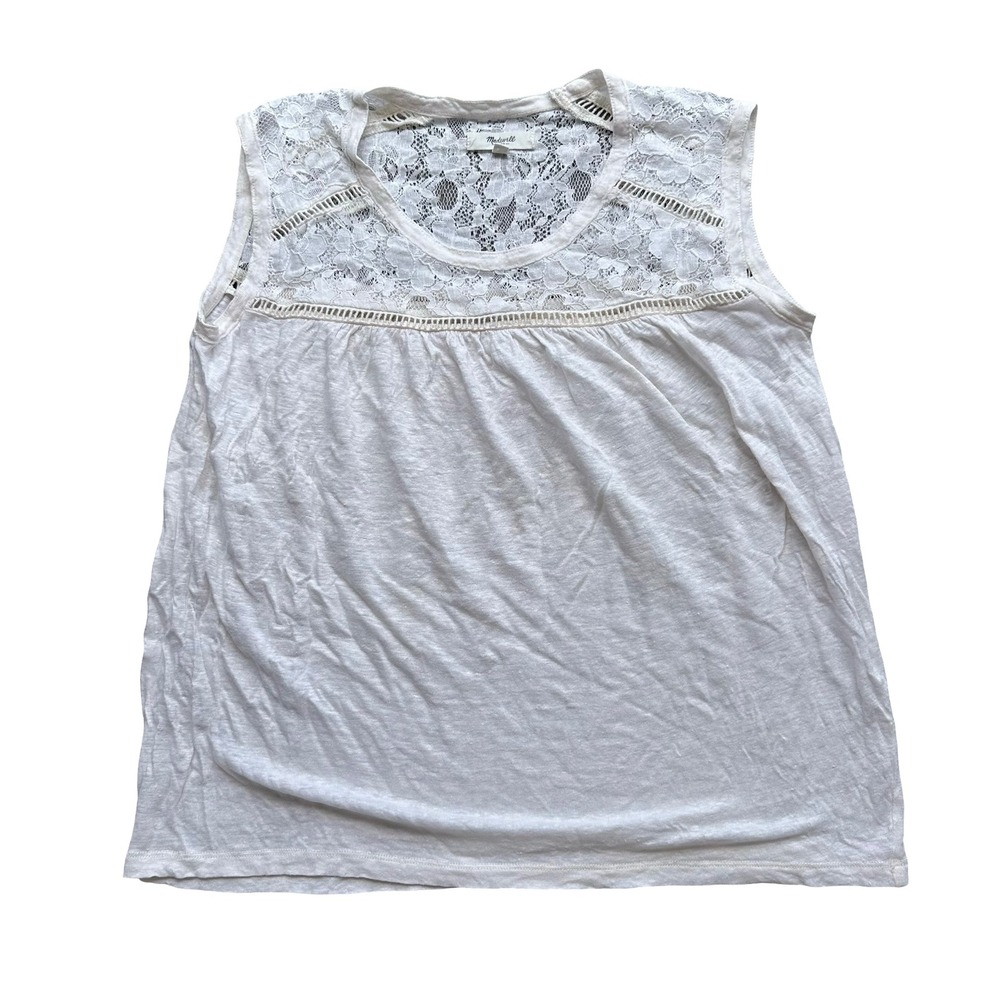 Madewell 100% Linen Tank Top Size S White Floral Lace Yoke